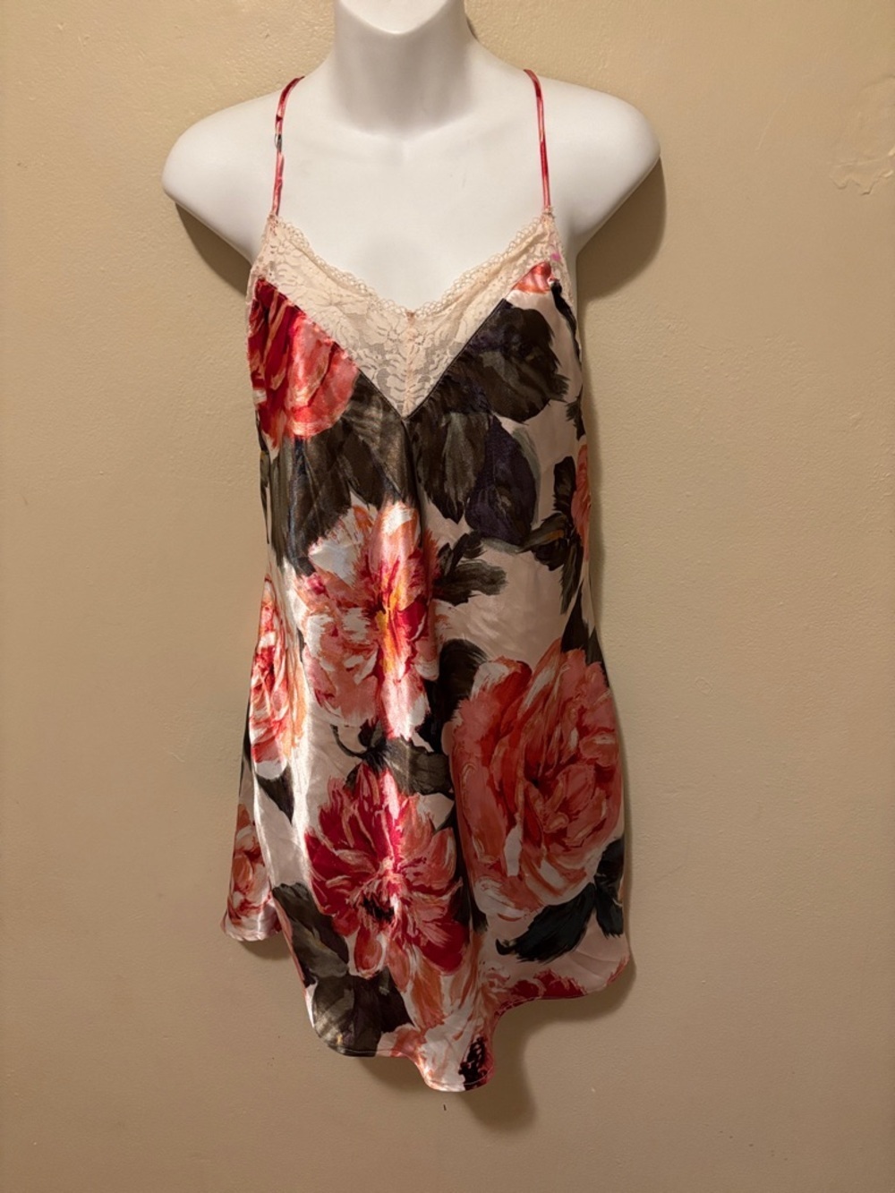 Floral Satin Slip Dress with Lace Trim - Pink